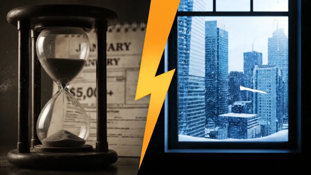 Split-screen contrast — slow hourglass with $5,000+ invoice and months passing versus fast 24-hour clock with Canadian maple progress ring completing in seconds