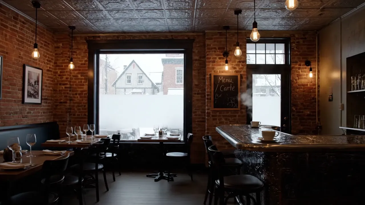 Montreal brasserie interior with bilingual chalkboard and winter street view — abstract amber light symbols floating above tables representing digital empowerment