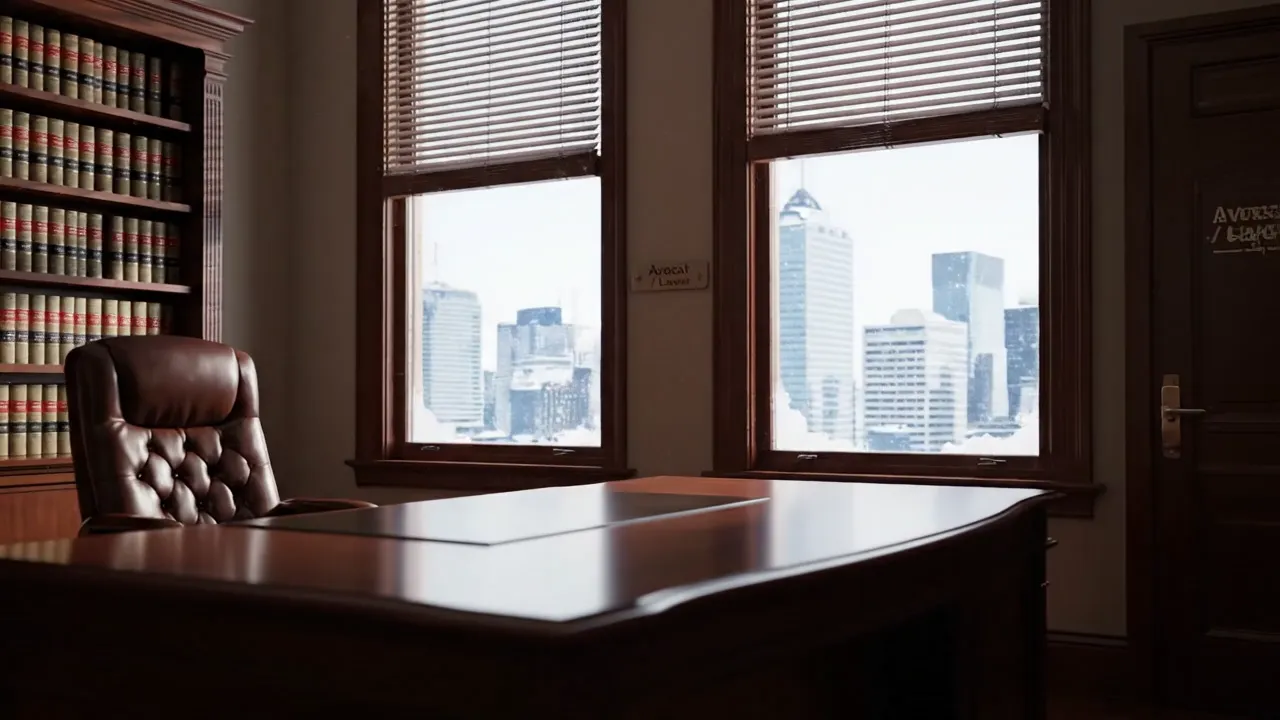 Canadian heritage law office with bilingual door plate and downtown winter view — abstract floating symbols of justice, privacy shield, handshake representing digital trust